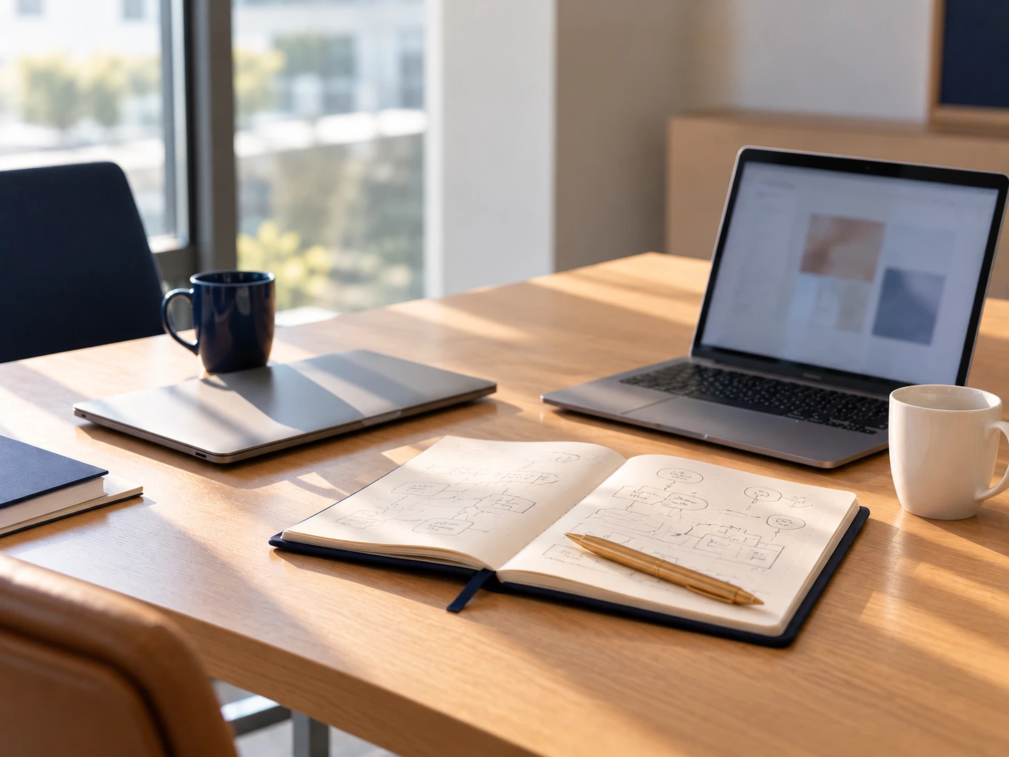 Table de travail partagée, avec deux ordinateurs et un carnet de notes