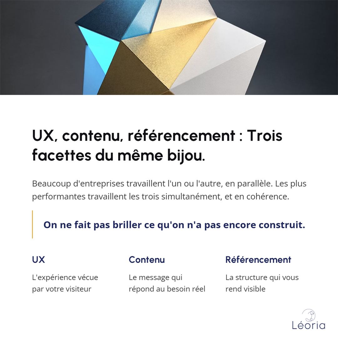 Diapositive : UX, contenu, référencement, trois facettes du même bijou